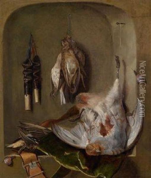 A Still Life With Shot Wildfowl And Huntingutensils In A Niche Oil Painting - Jan Weenix