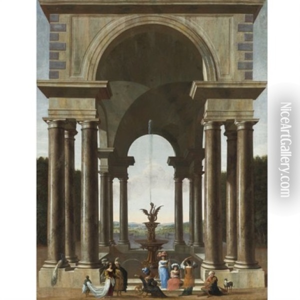 A Classical Portico With An Elegant Company Gathered By A Fountain Oil Painting - Jacob Ferdinand Saeys