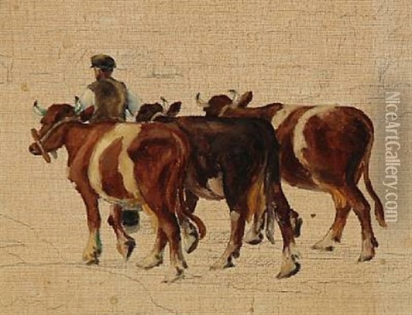 A Farm Boy With Cows. Sketch Oil Painting - Christen Dalsgaard