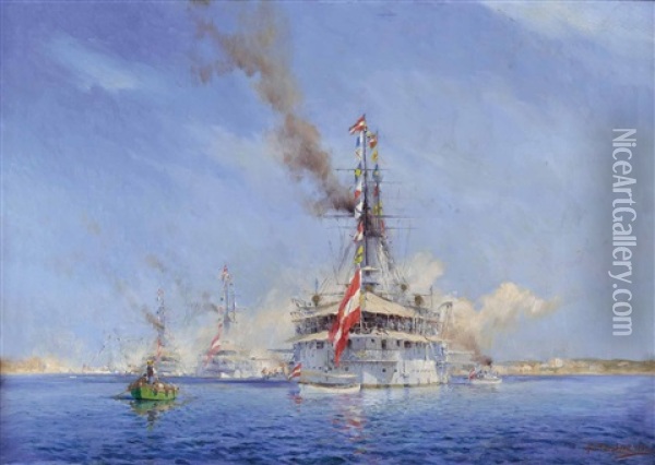 Osterreichische Mittelmeerflotte In Kustengewasser Oil Painting - August von Ramberg