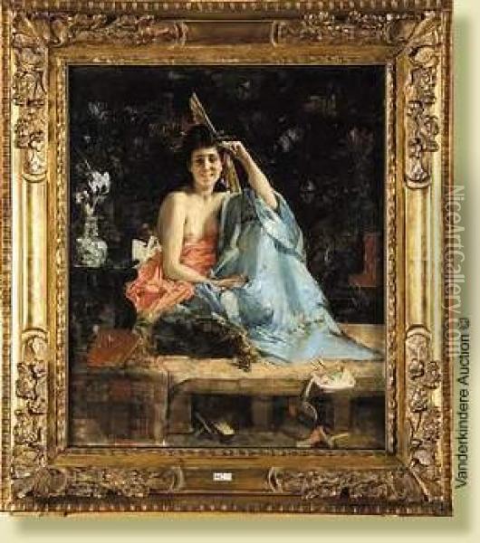 Femme A L'eventail Vetue A La Japonaise Oil Painting - Leon Francois Comerre