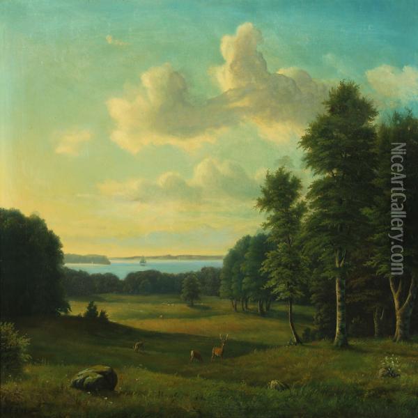 Danish Landscape With Deer Oil Painting - Carl Frederick Bartsch