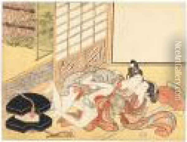 An Ogiuri (fan Vendor) Making Love To A Young Girl In Front Of A Shoji
Screen Oil Painting - Suzuki Harunobu