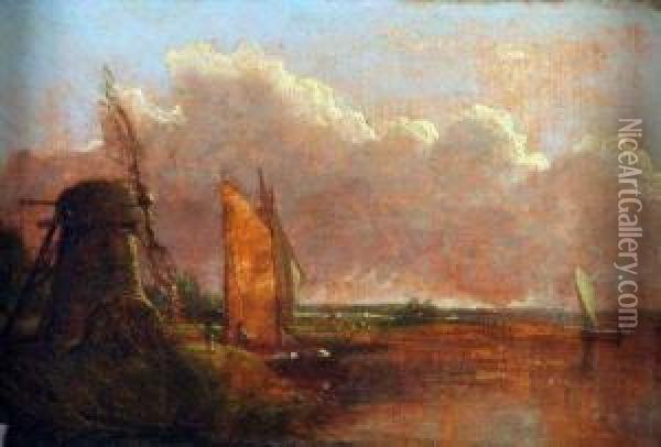 River Scene With Barge By A Windmill Oil Painting - Anthony Sandys