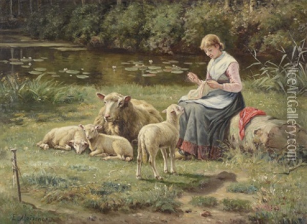 Young Woman With Sheep, A Pastoral Landscape With A Woman Embroidering A Piece Of Cloth With Sheep Looking On And A Pond In The Background Oil Painting - Adolf Ernst Meissner