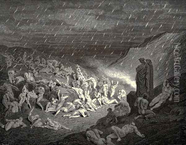 The Inferno, Canto 14, line 37-39: Unceasing was the play of wretched hands, Now this, now that way glancing, to shake off The heat, still falling fresh. Oil Painting - Gustave Dore