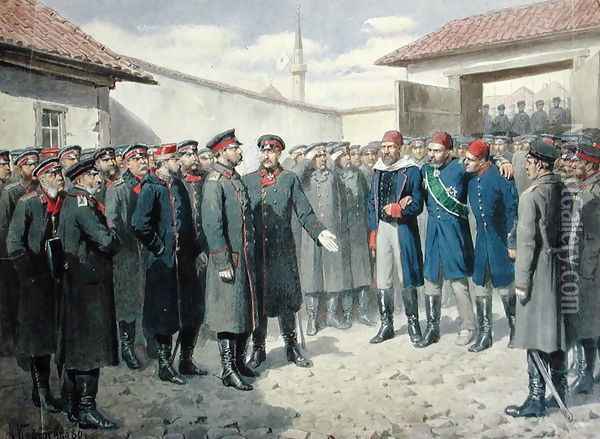 The Fall of Plevna The Wounded Osman Pashah before Alexander II 1818-1881 Oil Painting - Aleksei Danilovich Kivshenko