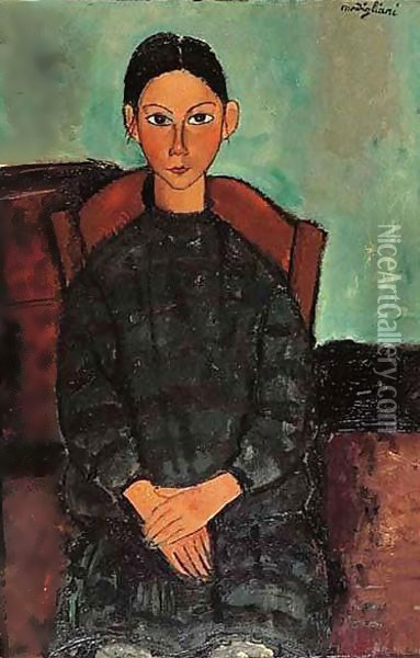 Fillette Assise En Robe Oil Painting - Amedeo Modigliani