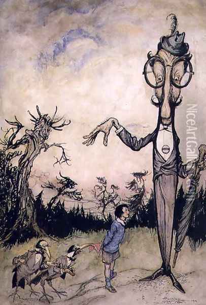 A Giant with a Child and Two Crows, illustration from The Book of Betty Barber by Maggie Brown, pub.1910 pen and ink, later coloured by Harry Rountree, 1878-1950 also an illustration for the Book of Nonsense by Edward Lear 1812-88 pub. 1980 Oil Painting - Arthur Rackham