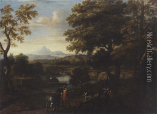A Classical River Landscape With Erminia And The Shepherd Oil Painting - Giovanni Francesco Grimaldi