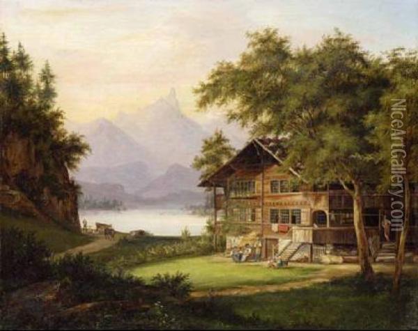 Blick Auf Einen Gebirgssee In Der Schweiz, Mit Einem Bauernhaus. Oil Painting - Johann Jakob Falkeisen