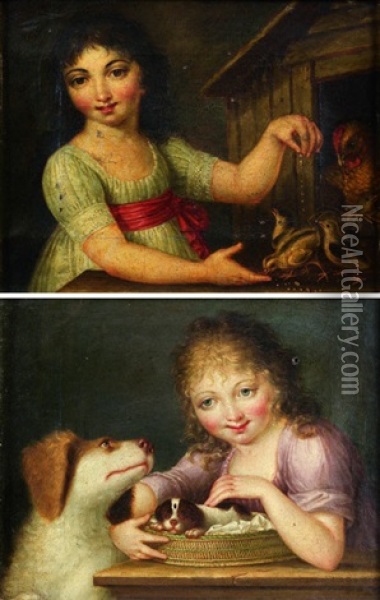 Jeune Fille Nourrissant Des Poussins (+ Jeune Fille Caressant Un Chiot; Pair) Oil Painting - William Miller