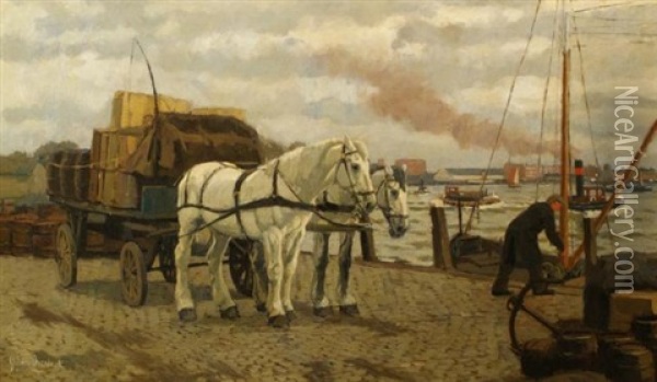 Working Horses On The Rotterdam Docks Oil Painting - Gijsbertus Johannes Van Overbeek