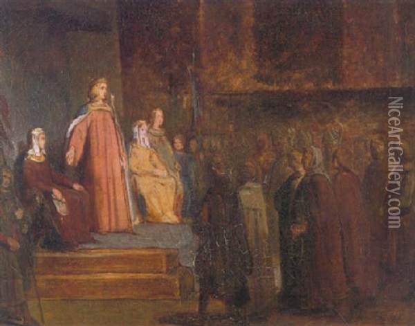 St Louis, Leaving On Crusade, Hands The Regency To Queen Blanche, June 13, 1248 Oil Painting - Ary Scheffer