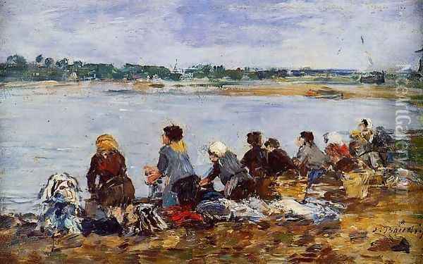 Laundresses on the Banks of the Touques IX Oil Painting - Eugene Boudin