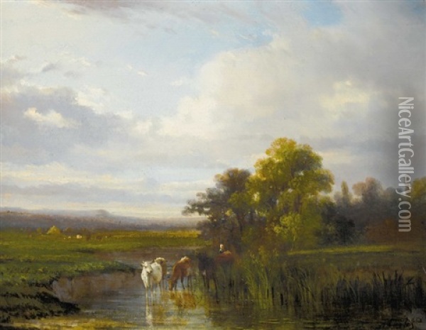 Abendlandschaft Mit Vieh Am Fluss Oil Painting - Antonio Cortes Cordero