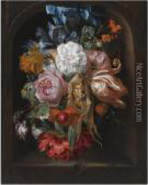 A Still Life Of A Corncob, 
Roses, A Parrot Tulip, Irises, And Otherflowers Suspended From A Blue 
Ribbon, In A Stone Niche Oil Painting - Ernst Stuven