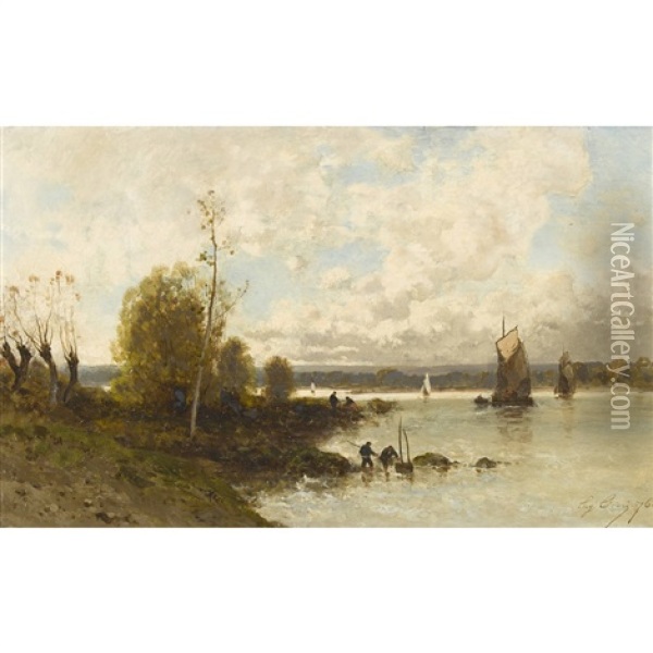Estuaire Avec Voiliers Et Pecheurs Oil Painting - Eugene Ciceri
