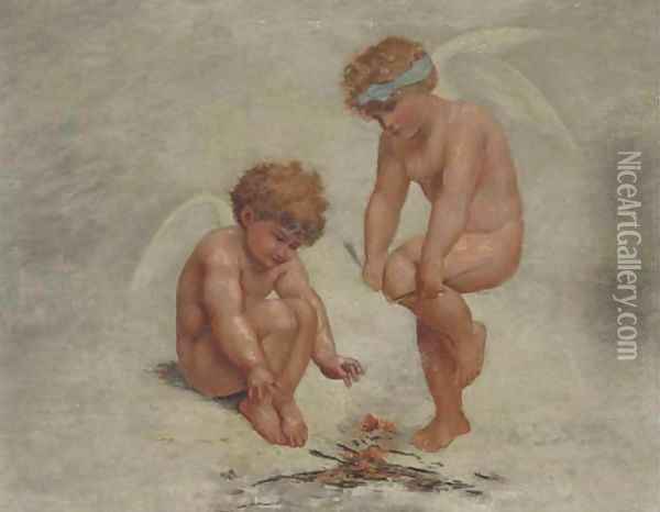 Putti building a fire with broken arrows Oil Painting - Charles Augustus Henry Lutyens