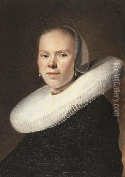 Portrait Of A Lady, Bust-length, In A White Ruff Collar And Black Dress Oil Painting - Johannes Cornelisz. Verspronck