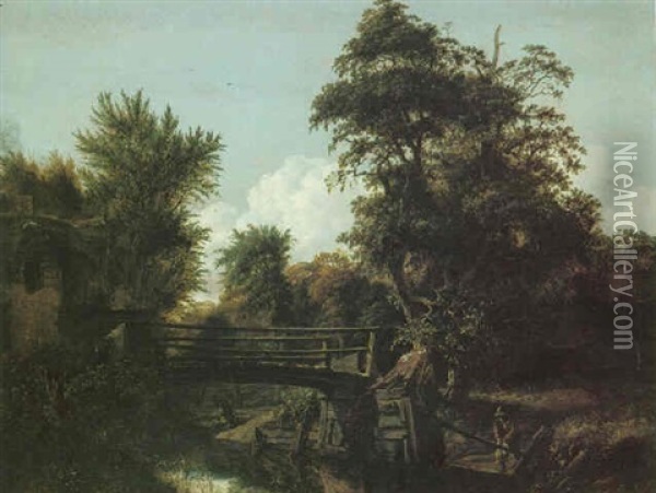 Woodland Landscape With Figures Beside A Bridge Crossing A Stream Oil Painting - Cornelis Gerritsz Decker