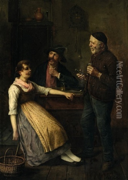 Dirndl Mit Zwei Bauern In Der Stube Oil Painting - Anton Seitz