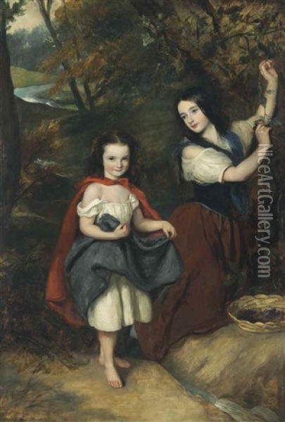 Two Girls Picking Berries In An Extensive Landscape Oil Painting - Richard Buckner