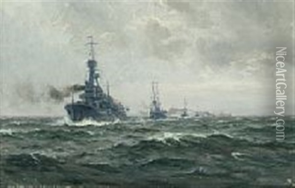Seascape With Naval Fleet Oil Painting - Christian Benjamin Olsen