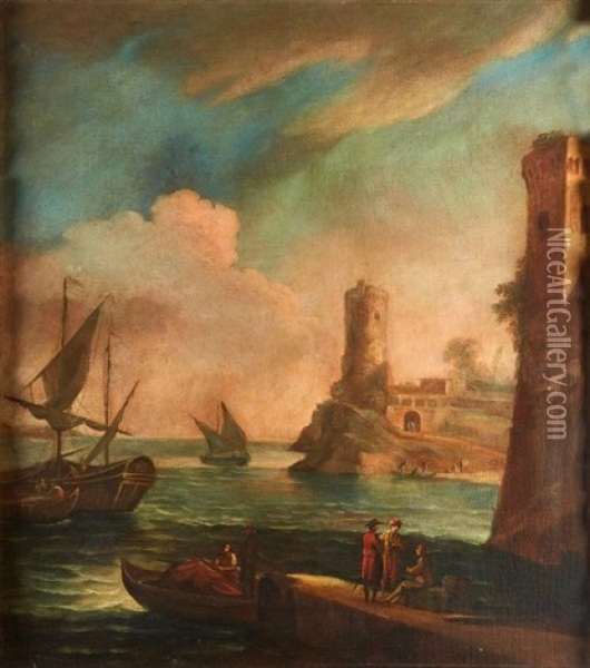 Paesaggio Con Porto E Personaggi Oil Painting - Antonio Cifrondi