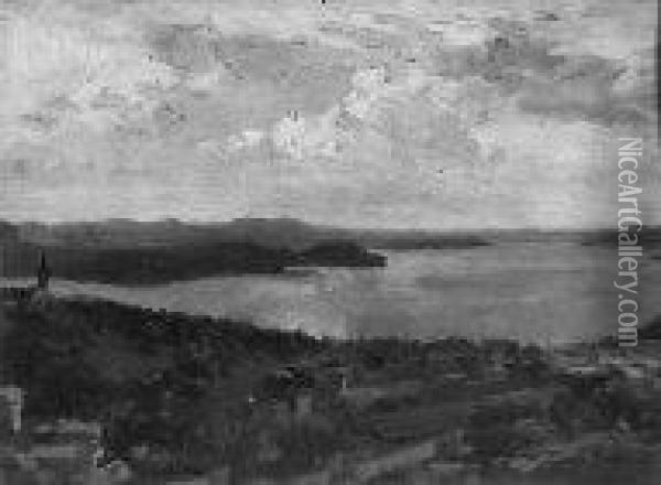 Lago Maggiore - Vista Da Vignone Sopra Intra 1934 Oil Painting - Giuseppe Solenghi