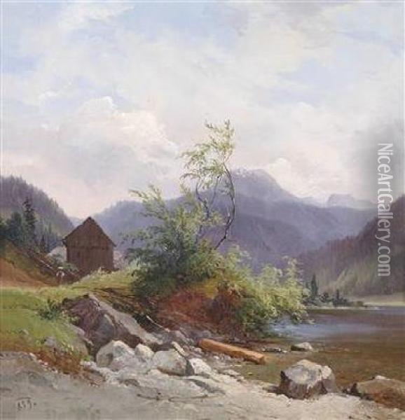 Lpine Scenery With Human And Animal Figures oil painting reproduction by  Georg Geyer 