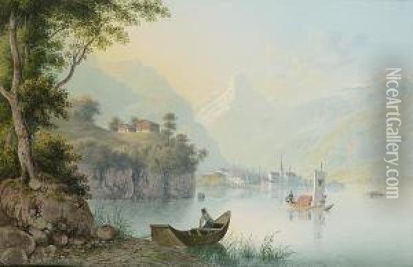 A Swiss Lake Scene Possibly The Vierwaldstattersee Oil Painting - Johann Heinrich Bleuler I