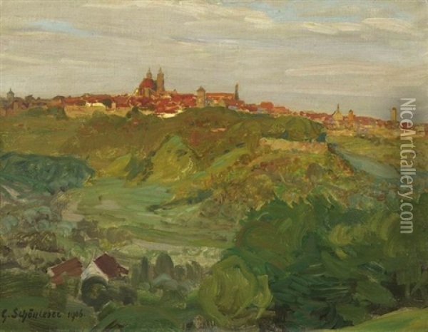 Blick Auf Rothenburg Ob Der Tauber Im Licht Der Untergehenden Abendsonne Oil Painting - Gustav Schoenleber