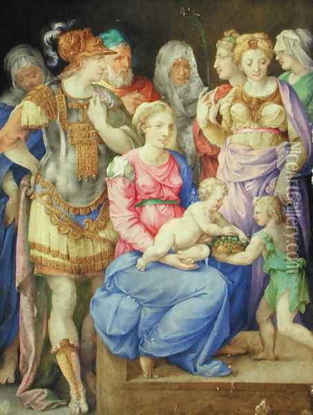 The Virgin and Child, St. John the Baptist and seven individuals, c.1553 Oil Painting - Giorgio-Giulio Clovio
