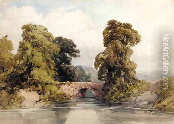 A river landscape with a bridge Oil Painting - William Callow