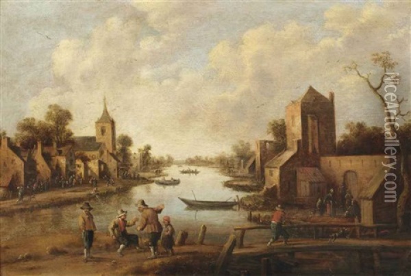 A Village Near A River, Figures In The Foreground Oil Painting - Joost Cornelisz. Droochsloot