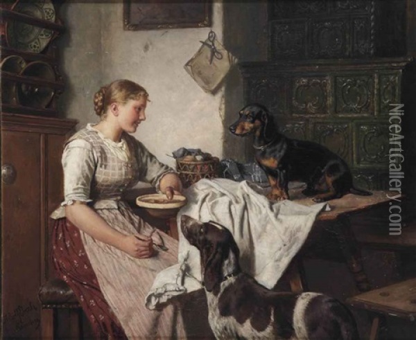 Feeding The Dogs Oil Painting - Adolf Eberle