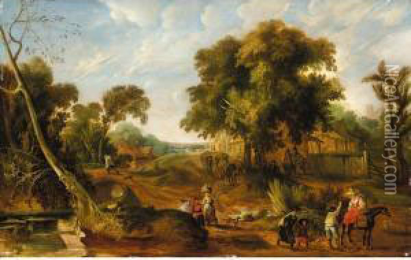 An Extensive Landscape With Many Figures Passing Through A Village Oil Painting - Pieter I Van Der Hulst