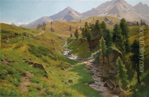 Sommerliche Abendlandschaft Bei Kufstein Oil Painting - Georg Hermann Engelhardt