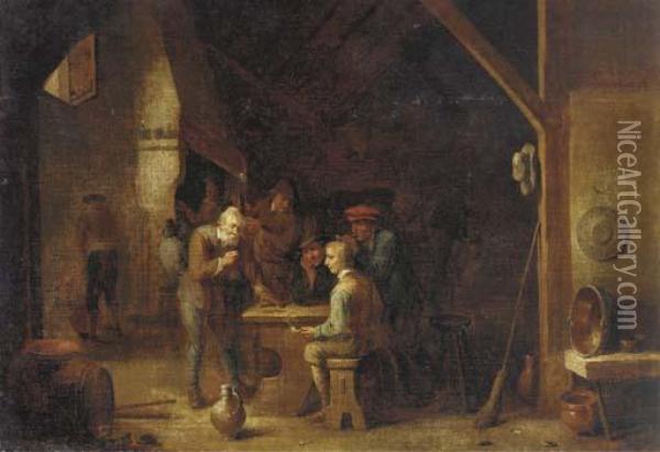 The Interior Of An Inn With Peasants Smoking And Conversing By Atable Oil Painting - David The Younger Teniers