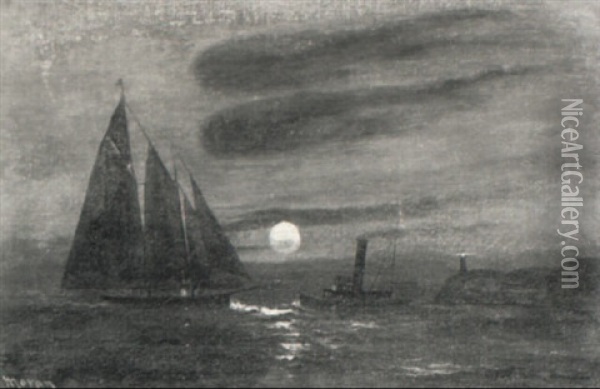 Boats Along The Coast, Sunset Oil Painting - Edward Moran