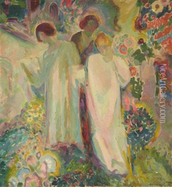 Three Women In A Garden Oil Painting - Henry McCarter