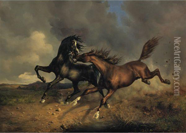 Horses In A Storm Oil Painting - Rudolf Koller