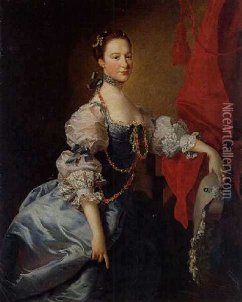 Portrait Of A Lady In A Blue Gown With White Sleeves, Holding A Hat And Standing In An Interior With A Red Curtain Oil Painting - Thomas Hudson