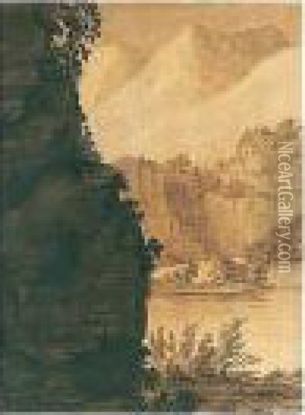 A Mountain Lake Scene Oil Painting - Alexander Cozens