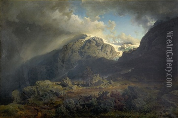 Norskt Landskap Oil Painting - Hans Frederick Gude
