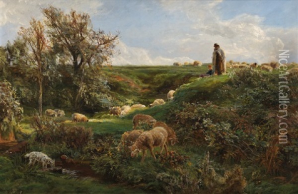 Berger Et Ses Moutons Oil Painting - Henri Arthur Bonnefoy