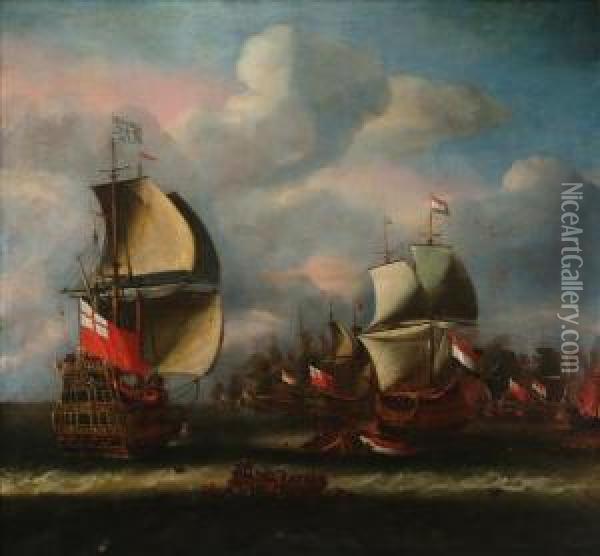 A Naval Engagement Oil Painting - Isaac Sailmaker