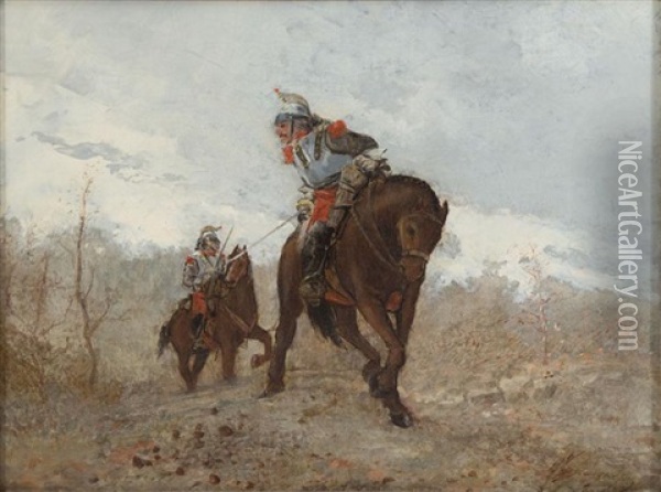 Several French Soldiers On Horseback In Pursuit Oil Painting - Wilfrid Constant Beauquesne