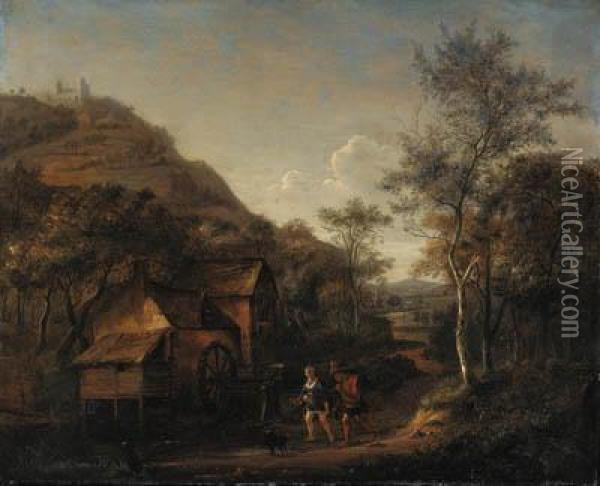 A Wooded Landscape With Peasants On A Path By A Watermill, A Hillbeyond Oil Painting - Jan Steen